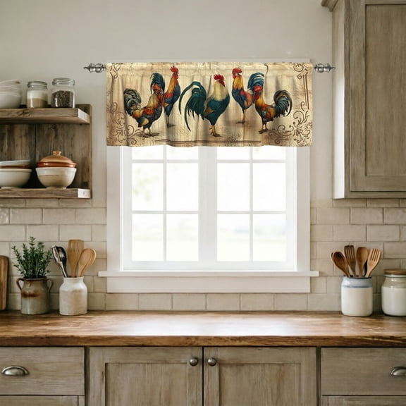 Rooster Kitchen Valance Curtain, 54 x 18 Inch Farmhouse Country Window Topper with Vintage Chicken and Scrollwork Design, 3 Inch Rod Pocket for Kitchen, Bathroom or Laundry Room