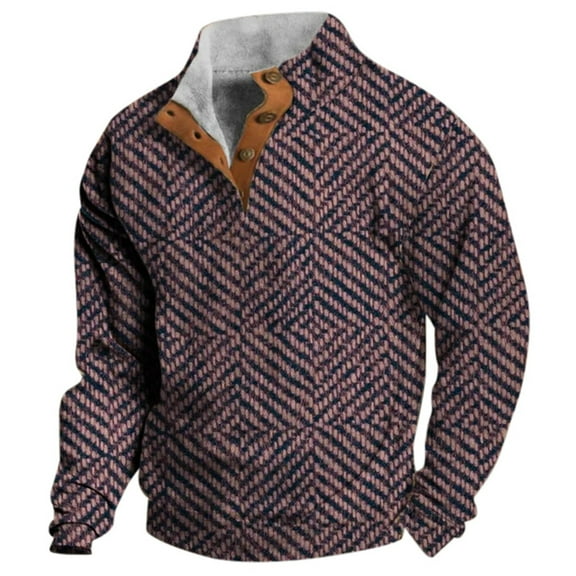 VNKIDY Men's Western Vintage Solid Color Patchwork Printed Stand Tie Buckle Sweatshirt Male Long Sleeve Pullover Autumn Winter Streetwear Leisure