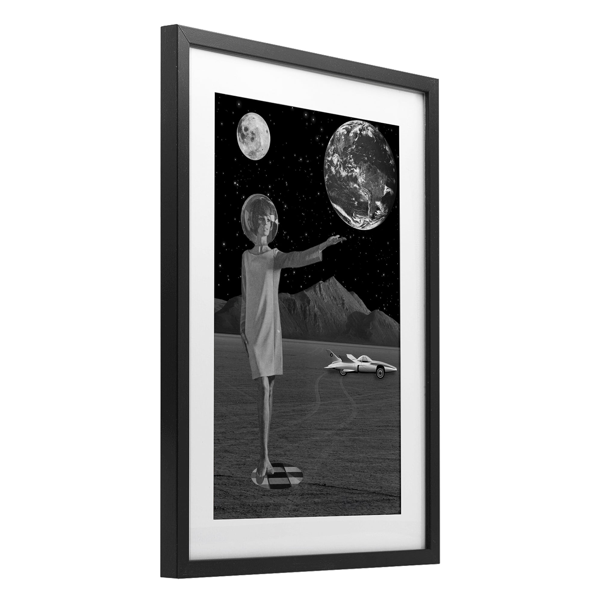 On A Mission Retro Space Black Framed Print Under Glass, design by Elo Marc