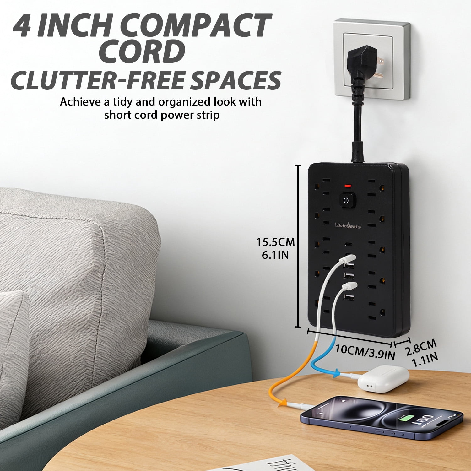 Vivicreate 16-in-1 Power Strip with 10 AC Outlets, 4 USB-A & 2 USB-C Ports, Flat Plug Short Extension Cord, Compact Surge Protector for Home, Office, Desk & Travel