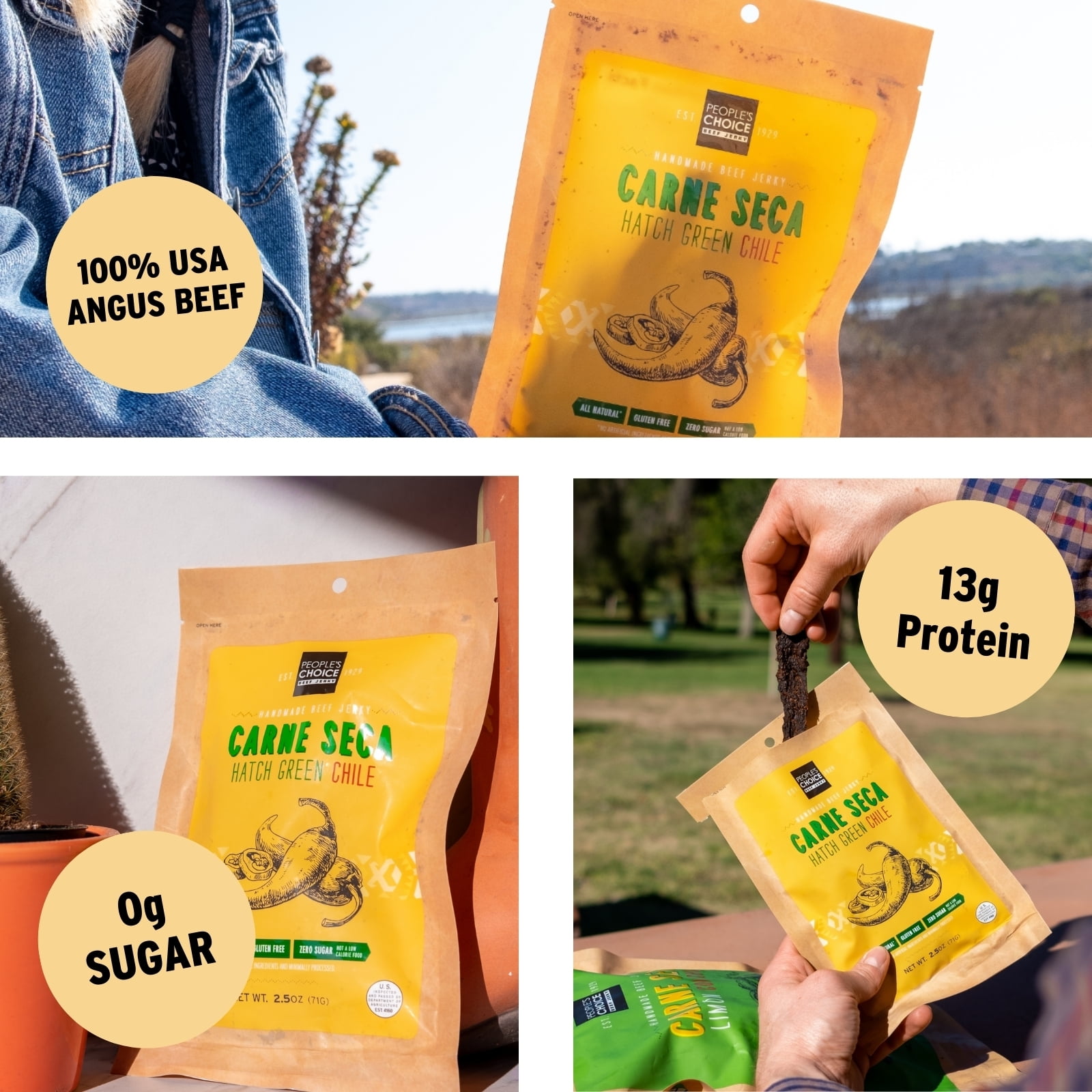 People's Choice Beef Jerky Carne Seca Hatch Green Chile - Sugar Free, Low Carb - 1 Lb Bag