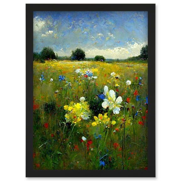 Wildflower Summer Meadow Floral Landscape Oil Artwork Framed Wall Art Print A4