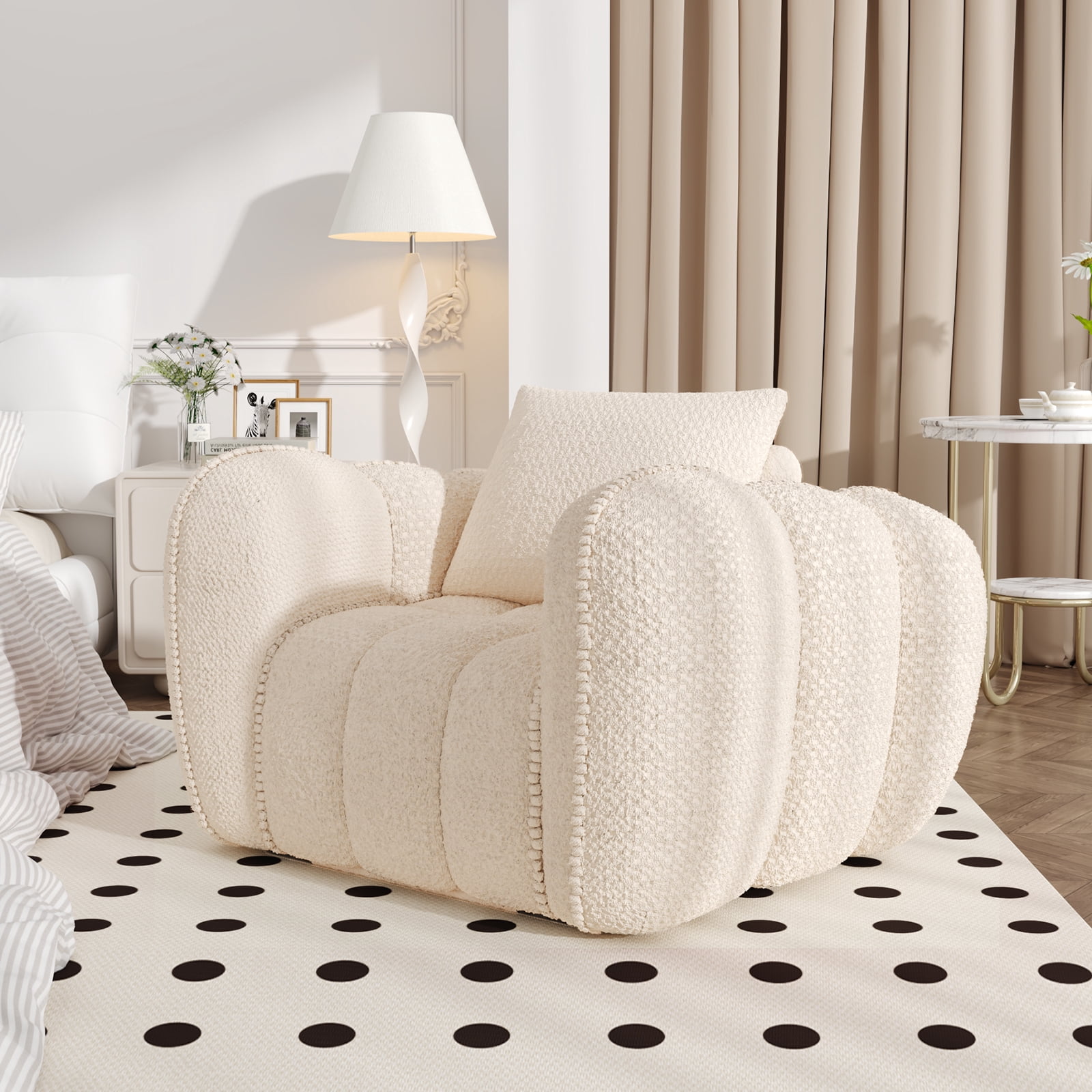 Furniliving Bean Bag Chair for Adults, Oversized Lazy Floor Sofa with Armrests, No Assembly Required, Pumpkin Shaped Bean Bag Sofa for Living Room, Bedroom Apartment Office(Beige)