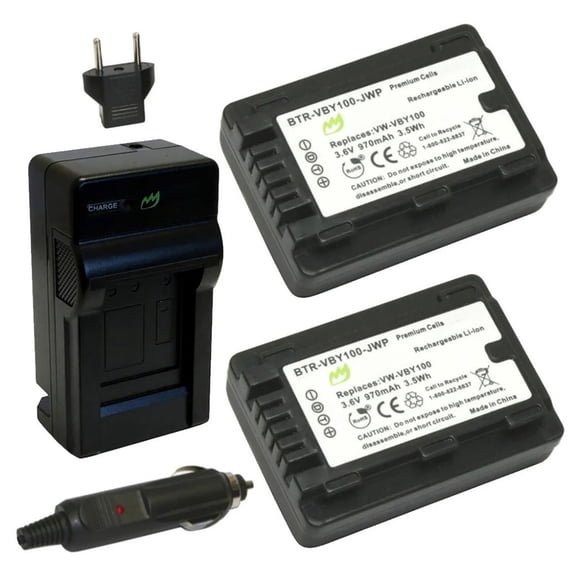 Replacement for Panasonic HC-V201 Battery (2-Pack, 970mAh) and Charger