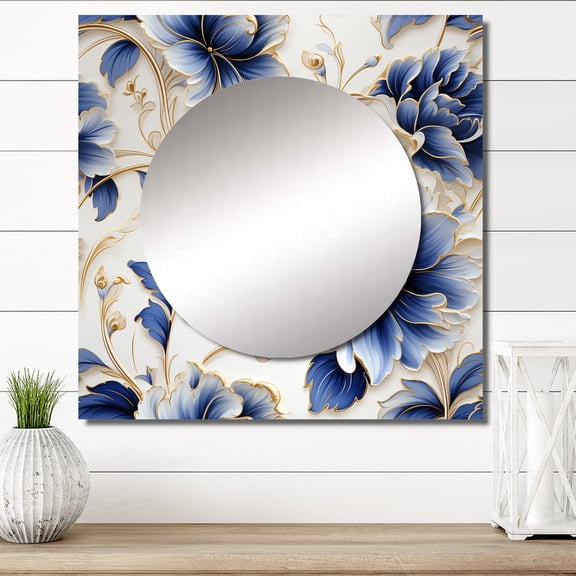 Designart "Cobalt Blue Filigree Flourish I" floral Square Mirror For Wall Decor - Large Blue Square Mirror Printed Wall Decor - Cottage Square Living Room Mirror