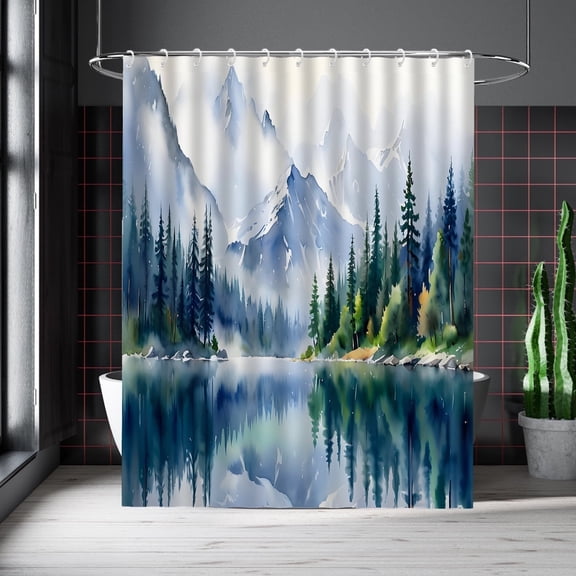 Mountain Forest Shower Curtain 72x72 in, Watercolor Lake Landscape Bathroom Curtain, Teal Green Woodland Trees Fabric Waterproof with 12 Hooks