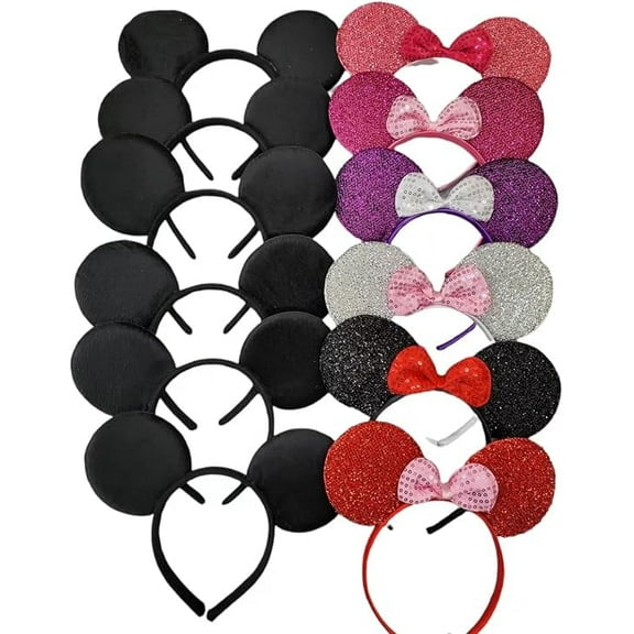 Set of 12 Minnie Ears, Disney Ears, Mickey Ears, Disney Theme Party, Boys and Girls One Size Fits All (6 Variety and 6 Plain Bow)