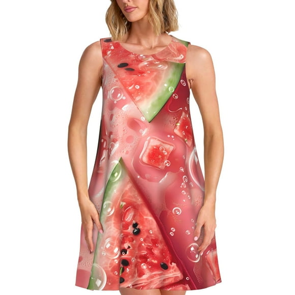 Bixox Refreshing Watermelon Slices Print Women's Sleeveless A-Line Dress with Pockets, Casual Knee-Length Tank Dress for Summer-X-Large