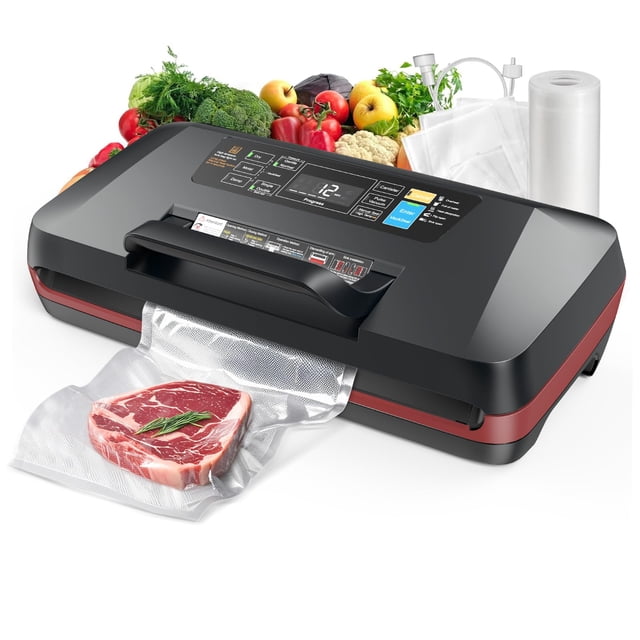Machine Scelleuse sous Vide 95 kPa pour Aliments, Automatique avec Double Scellement Thermique 12 mm, 10 Modes en 1, Coupeur et Rangement de Sacs Intégrés, Comprend 1 Rouleau et 10 Pré-Cu