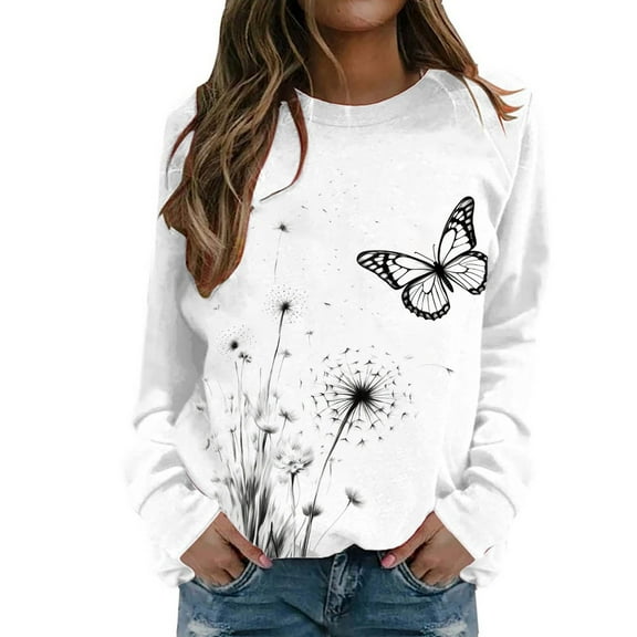 Fiaer,Women's Crew Neck Sweatshirts Loose Fit Dandelion Animal Printed Plus Size Pullover Long Sleeve Casual Trendy No Hooded Hoodies White XL