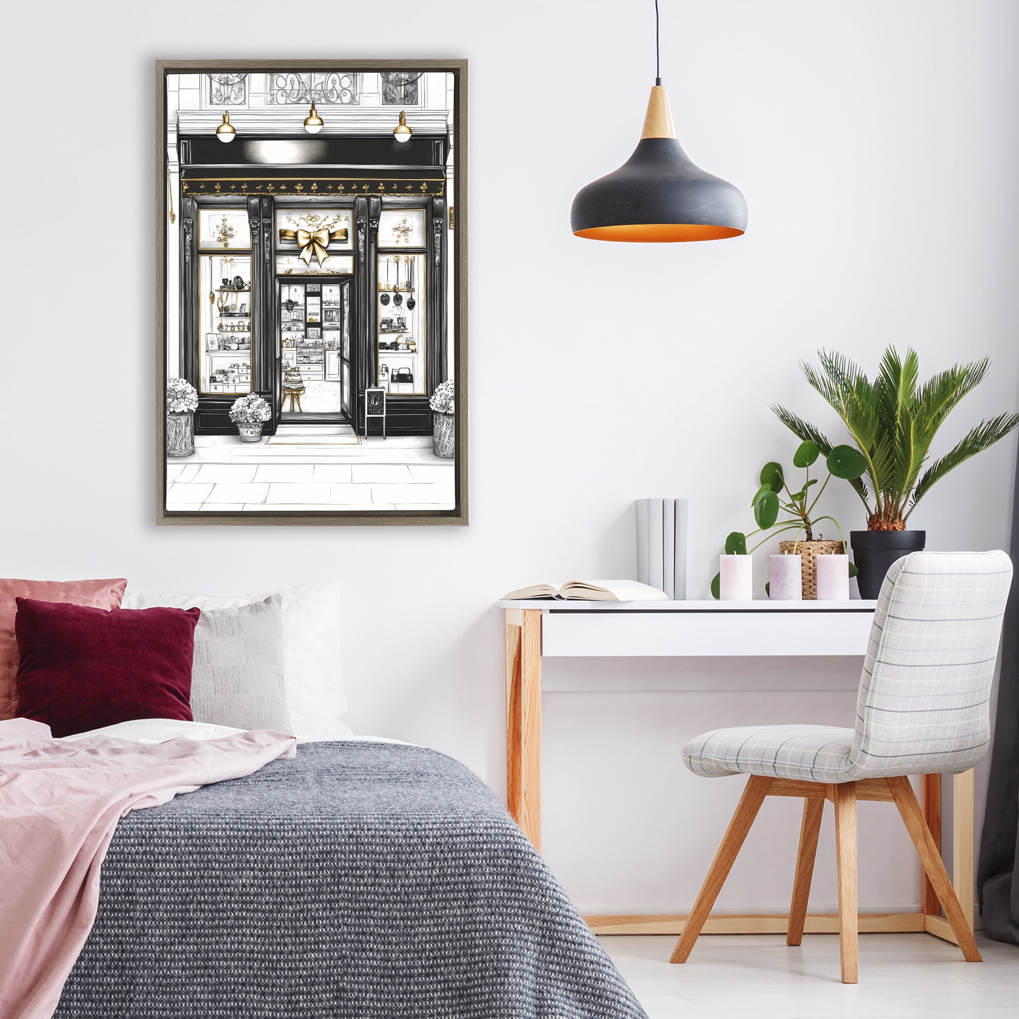 Stupell Industries Glam Paris Shop Facade Brown Framed Floater Canvas Wall Art, design by Petal Prints Design