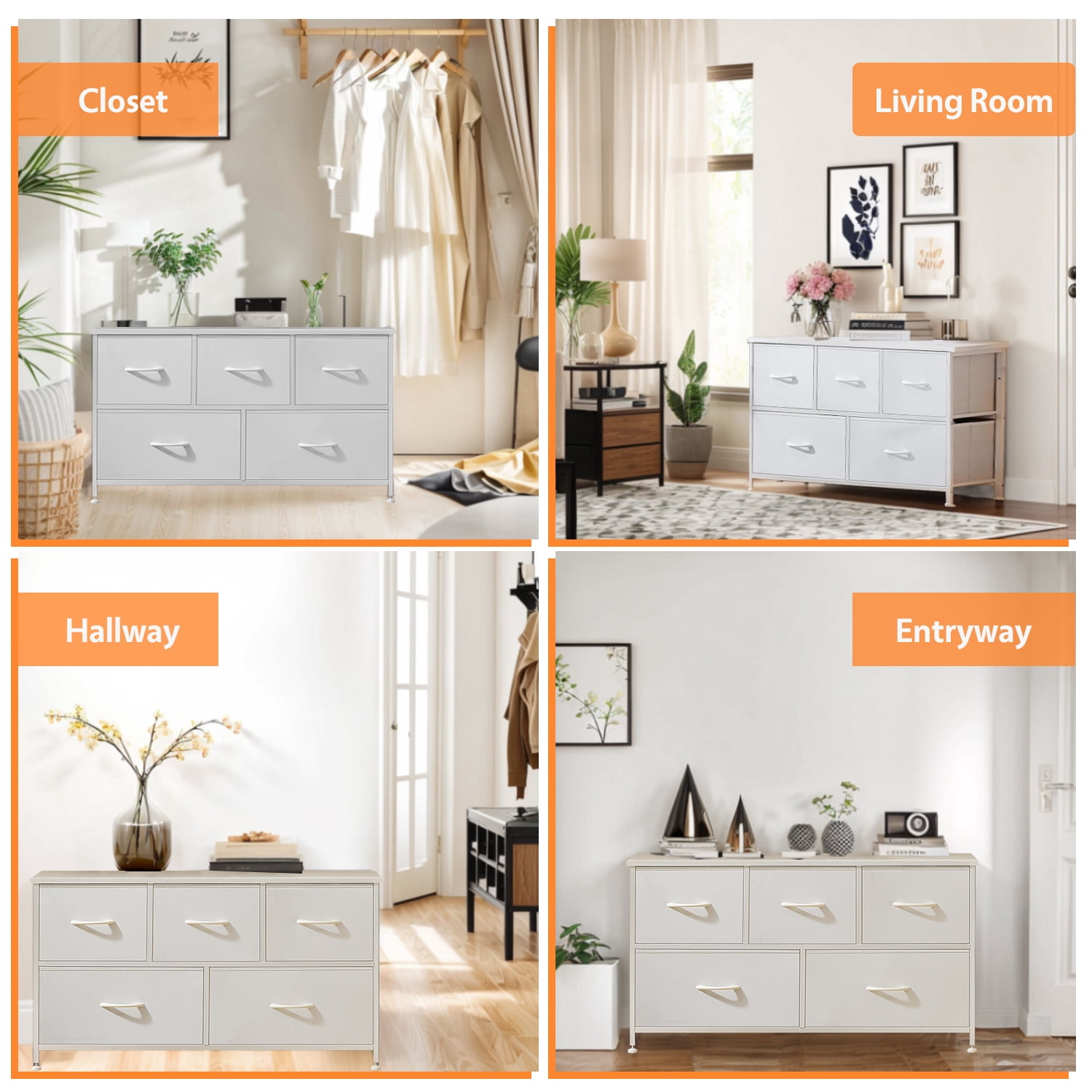 Modern 5 Drawer Fabric Dresser, Chest of Drawer Organizer Storage Cabinet for Bedroom Clothes Closet, Entryway,White