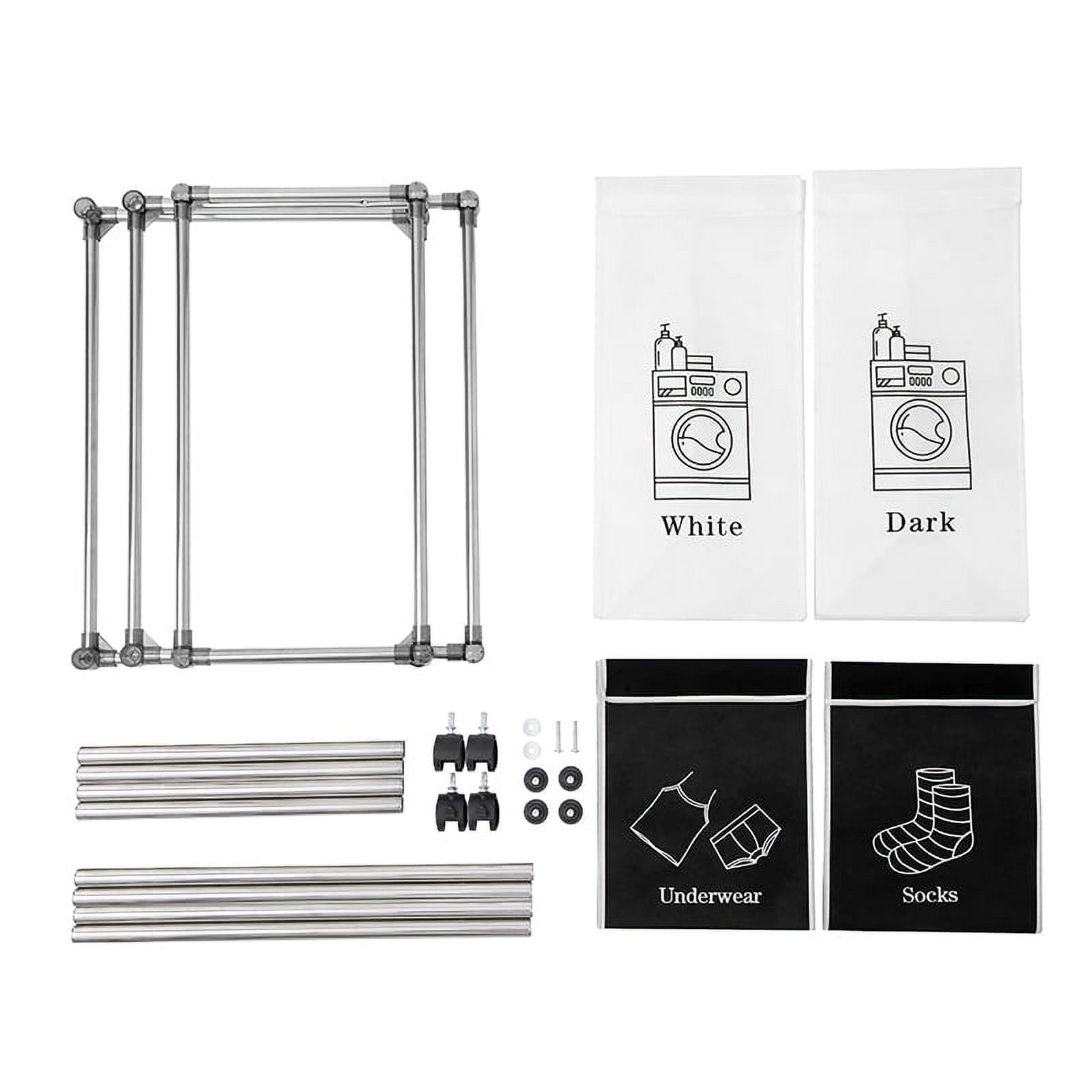 2 Tier Laundry Basket Sorter with 4 Removable Bags and Wheels, Double Layer Frame, Fabric Organizer for Lights Darks, Black White