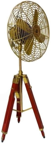 Padestal Fan Electric Corded Handmade Brass Antique Vintage Style Pedestal Fan with Wooden Adjustable Tripod Stand Retro Design, Unique Collectible, Functional Home Decor Vintage Reproduction