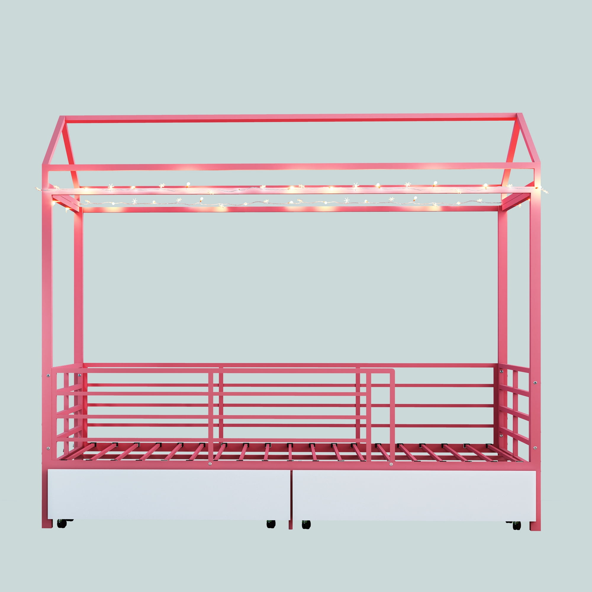 Mintazer Twin Size Metal House Bed with 2 Drawers, Kids Floor Bed with Guardrails for Boys & Girls, Pink
