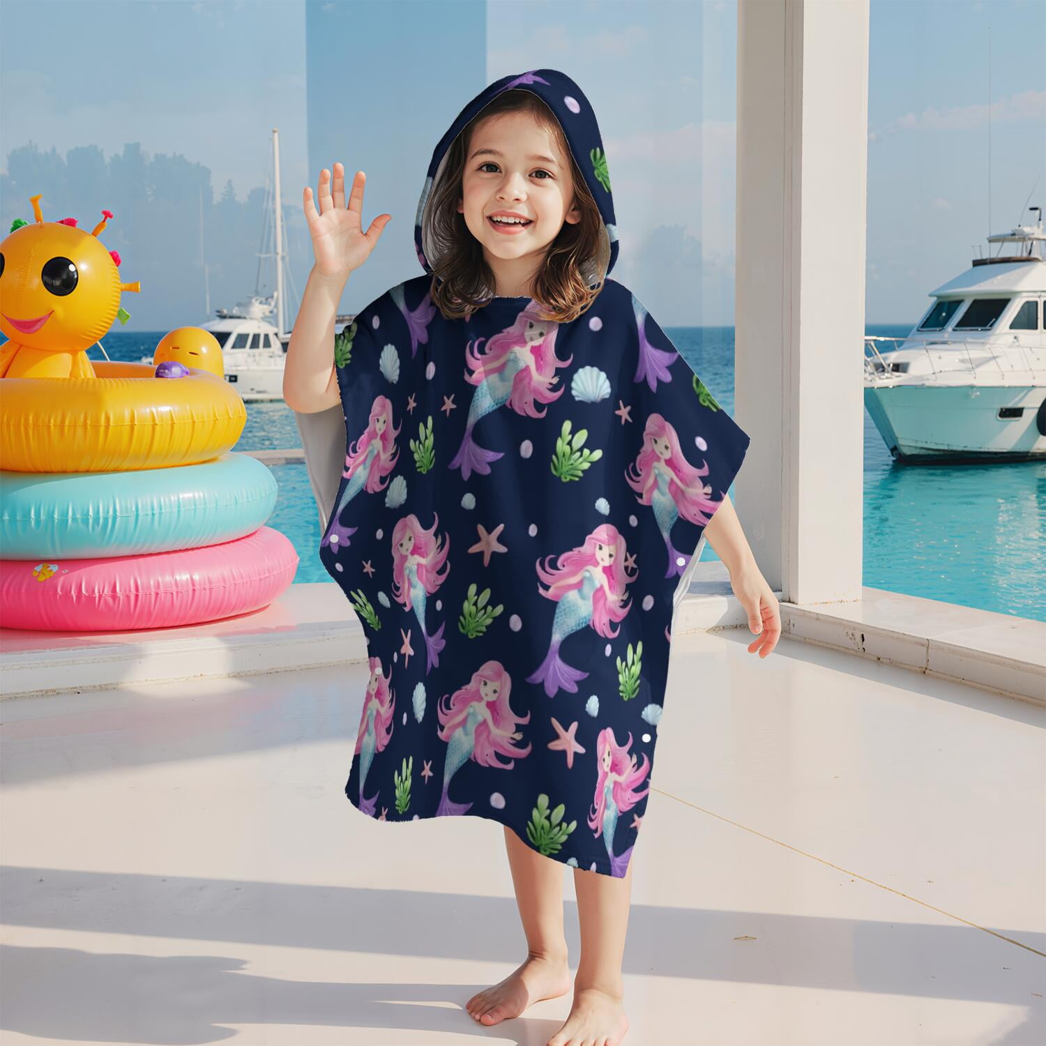Hooded Kids Beach Towels - Toddler Bath Towel Girls Boys Swimming Cover-ups for Ages 2 to 6 Kids Pool Towels Quick Dry Lightweight Soft Microfiber Poncho Towel 28x28 (Mermaid Seashell)