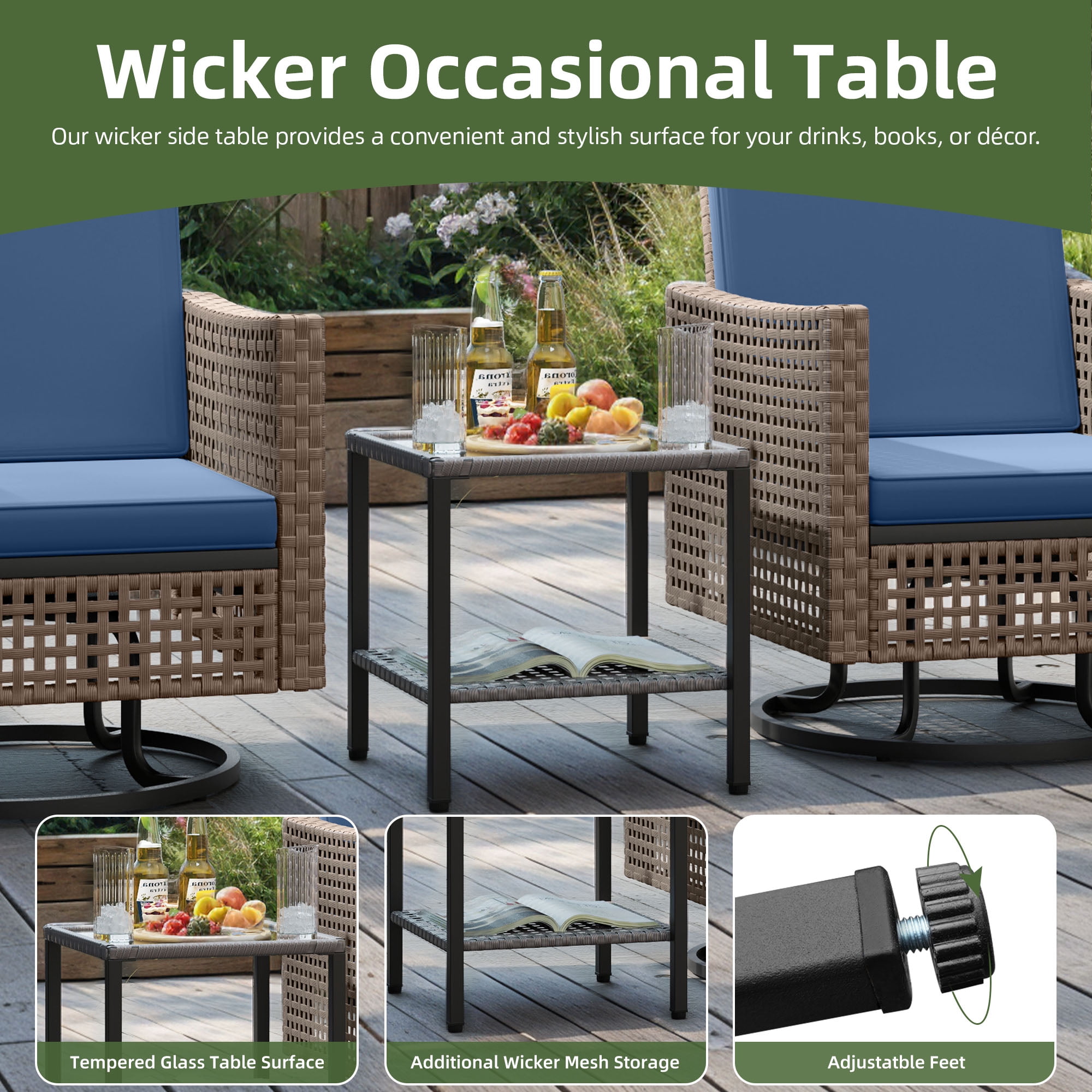 Uforic Patio Swivel Chairs, Outdoor Wicker Swivel Glider Rocking Chairs with Coffee Table and Thick Cushions for Porch Deck - Set of 3, Blue