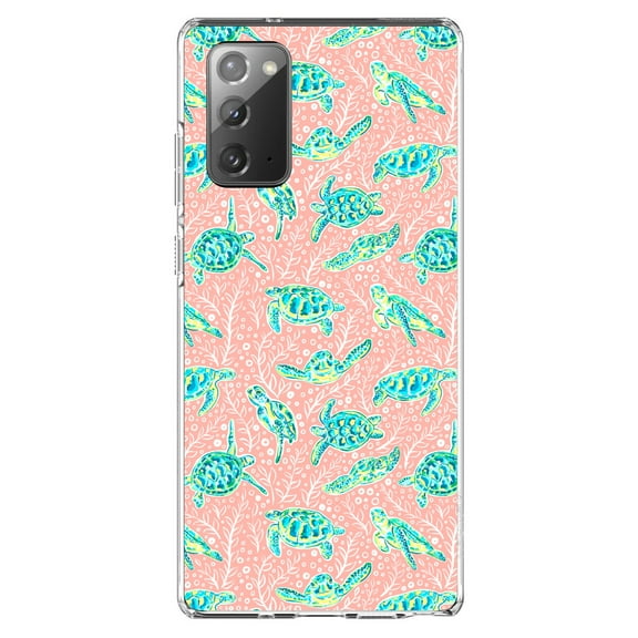DistinctInk Clear Shockproof Hybrid Case for Galaxy Note 20 ULTRA (6.9" Screen) - TPU Bumper, Acrylic Back, Tempered Glass Screen Protector - Preppy Pattern - Turtles on Pink Background