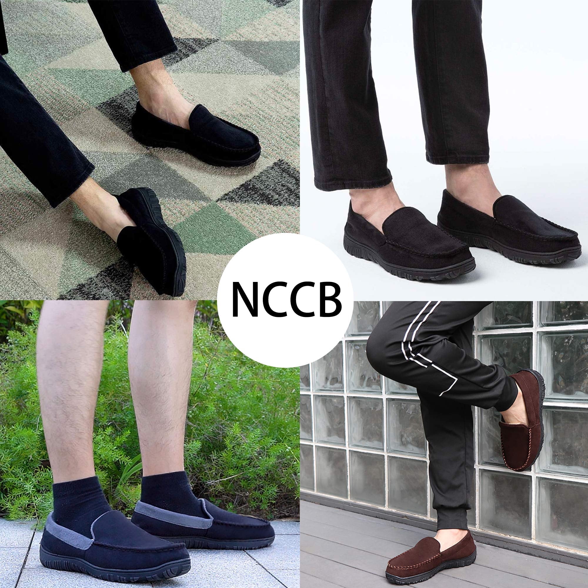 NCCB Mens Slippers Mens Moccasin Slippers Memory Foam Indoor Outdoor House Slippers for Men Anti-Slip Rubber Sole Black Size 11