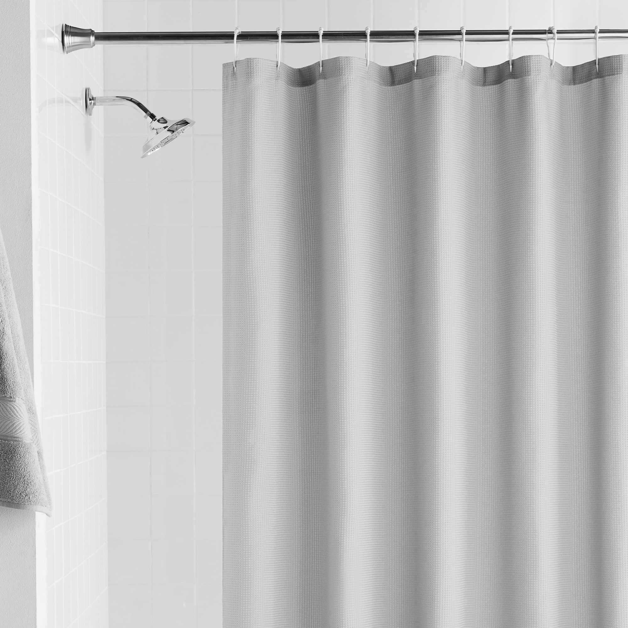 Mainstays Waffle-Weave Fabric Shower Curtain, Textured Cotton Blend with Recycled Polyester, 72” x 72”, Light Grey