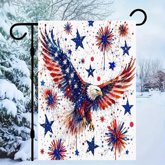 RKSupls Patriotic Linen Double Sided Garden Flag, Independence Day Themed Yard Decor, Eagle Splatter Fireworks Stars White Outdoor Banner for Holiday Lawn
