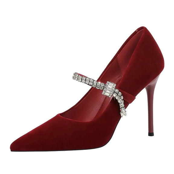 Women Pointed Toe High Heels 10CM Red Woman Thin Heels Ladies Sexy Pumps Sparkling Rhinestones