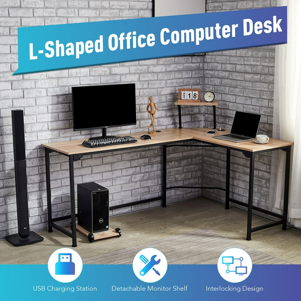 L Shaped Computer Desk with USB Ports Monitor Stand Cable Management, Oak