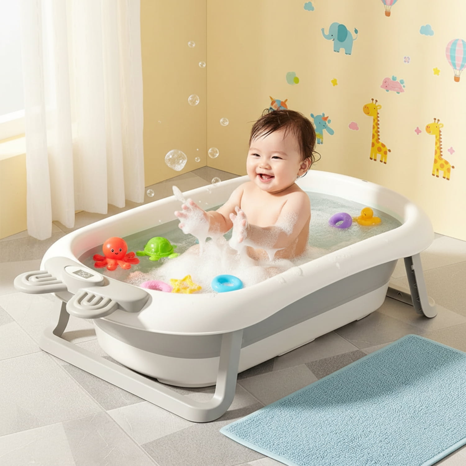 PUEDO Enlarged Collapsible Baby Bathtub for Infants to Toddler, with Thermometer, 3 Wash Basin and Bathing Net Cushion