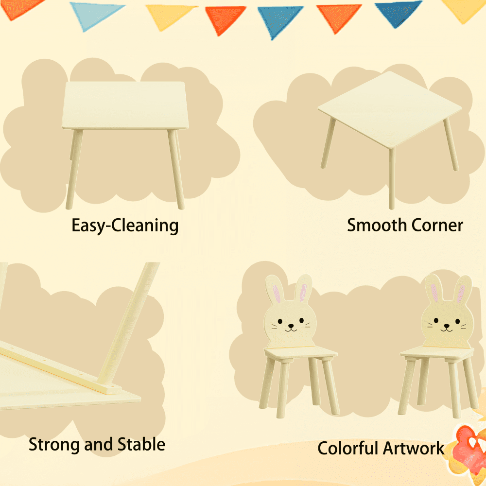 Kids Table and Chair Set with 2 Bunny Chairs, Children's Wooden Activity Table for Toddlers, Cute Animal Design Study Play Set for Playroom, Bedroom, Classroom - Cream Yellow