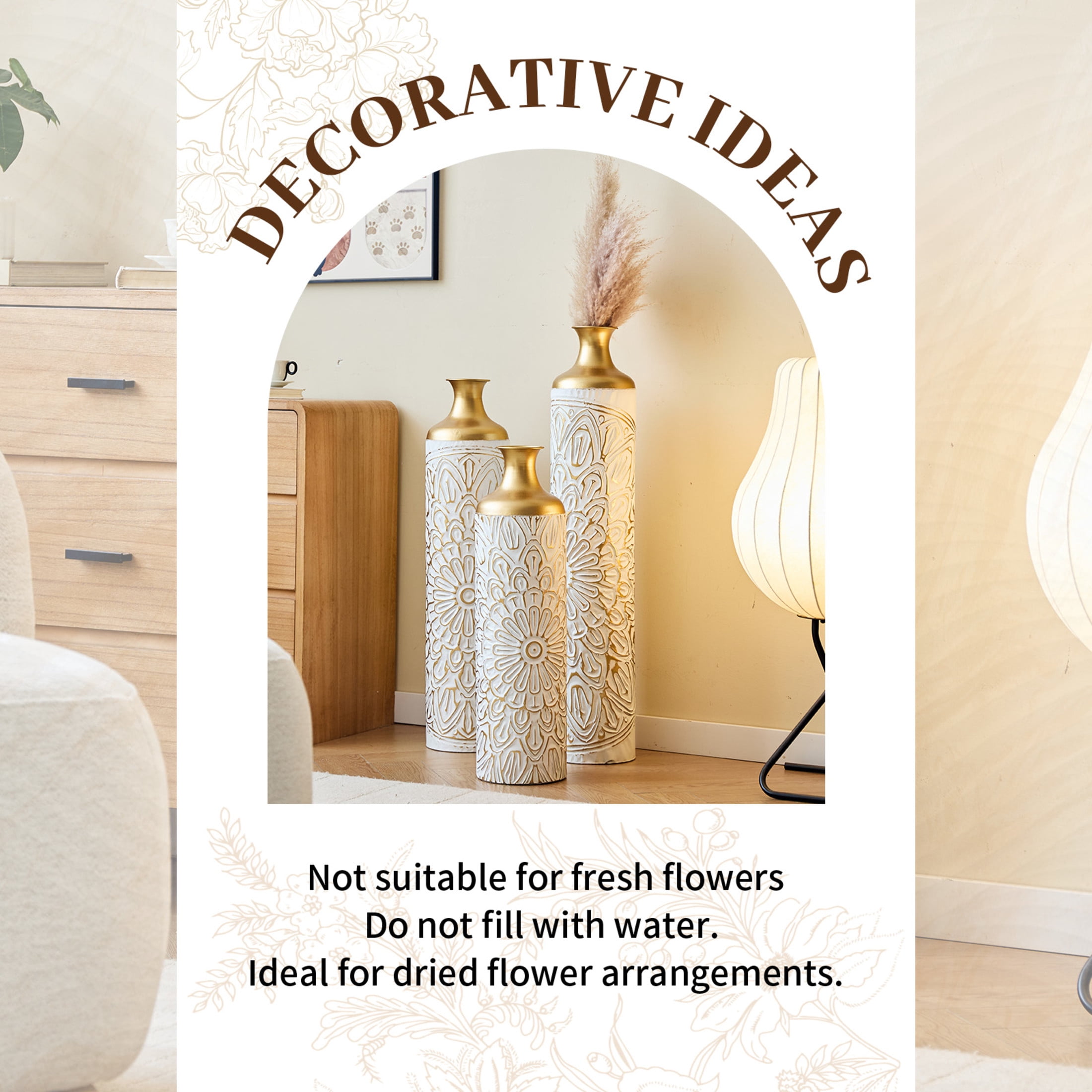 Noble House 3-Piece Modern Metal Floor Vase Set, Textured Decorative Vases, Gold and White