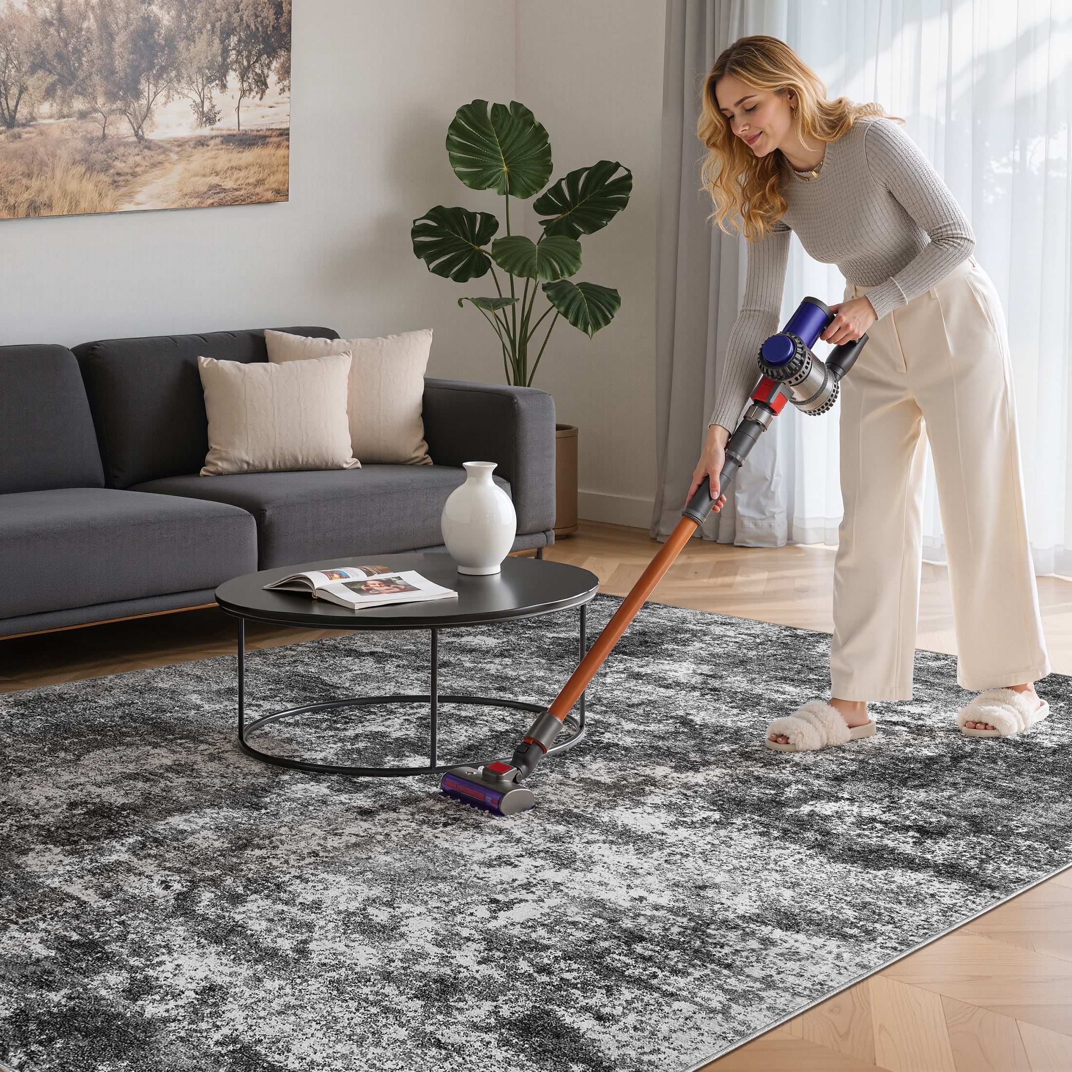 MICGEEK 8x10 Washable Area Rugs for Living Room, Modern Abstract Printed Rug, Vacuum-Friendly, Non Slip Indoor Rug for Bedroom Dining Room Home Decor Carpet, Dark Gray