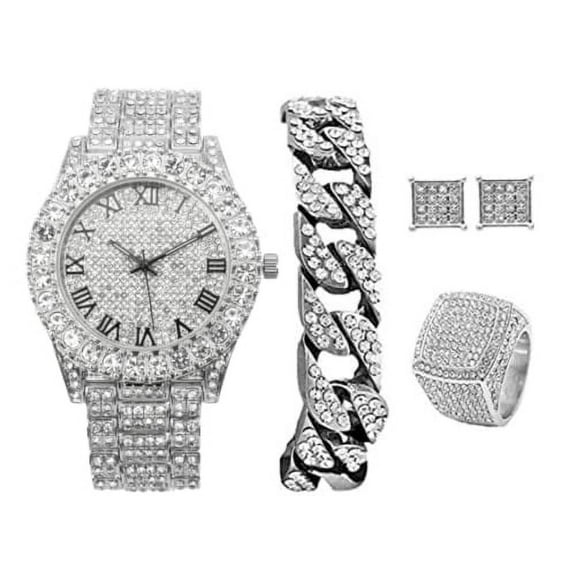 Bling-ed Out It's Lit! Hip Hop Watch & Jewerly Set w/Cuban Chain Bracelet, Kite Bling Earrings & Ring - GJM13 (11, ST10327RN SLV BLK R#)