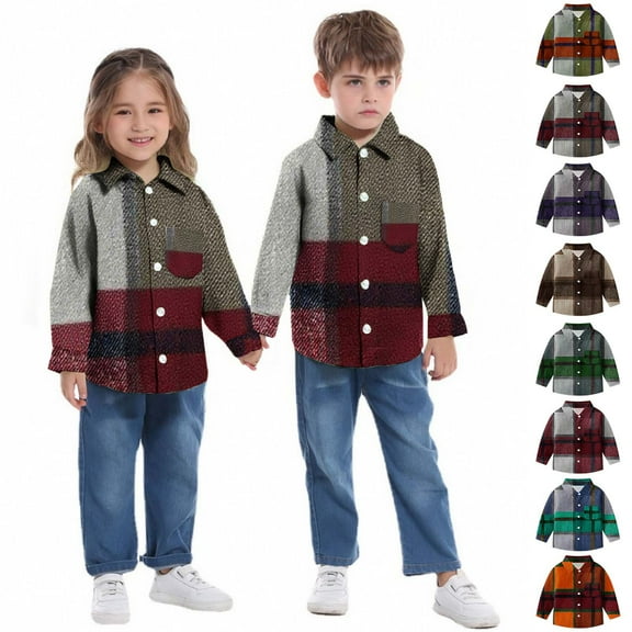 MKOSPLRT Plaid Button Down Shirts for Girl Boy 6M-8Y Long Sleeve Lapel Collar Casual T Shirts Color Block Loose Fit Blouses with Pocket