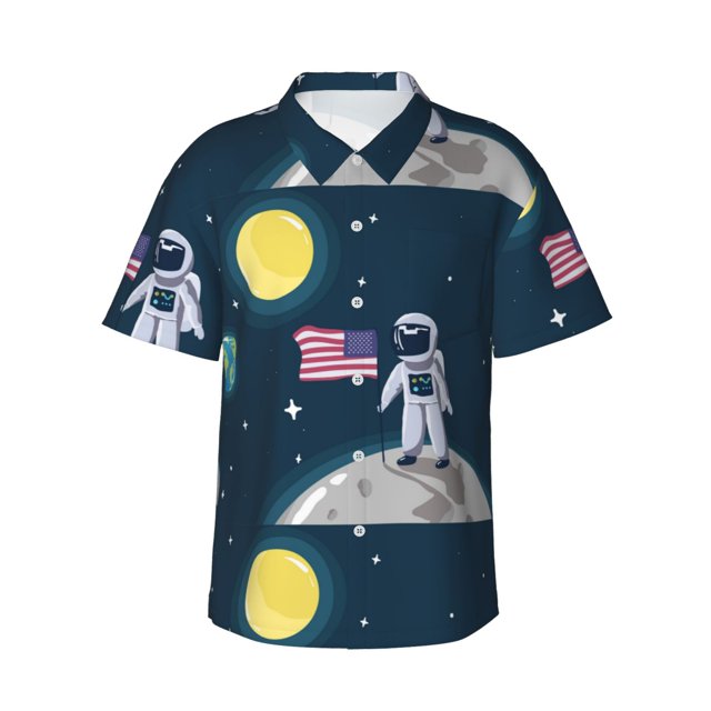 Balery Astronaut With USA Flag Camisas hawaianas de manga corta para hombre, camisas playeras de corte holgado, camisas de vacaciones con botones,XX-Large