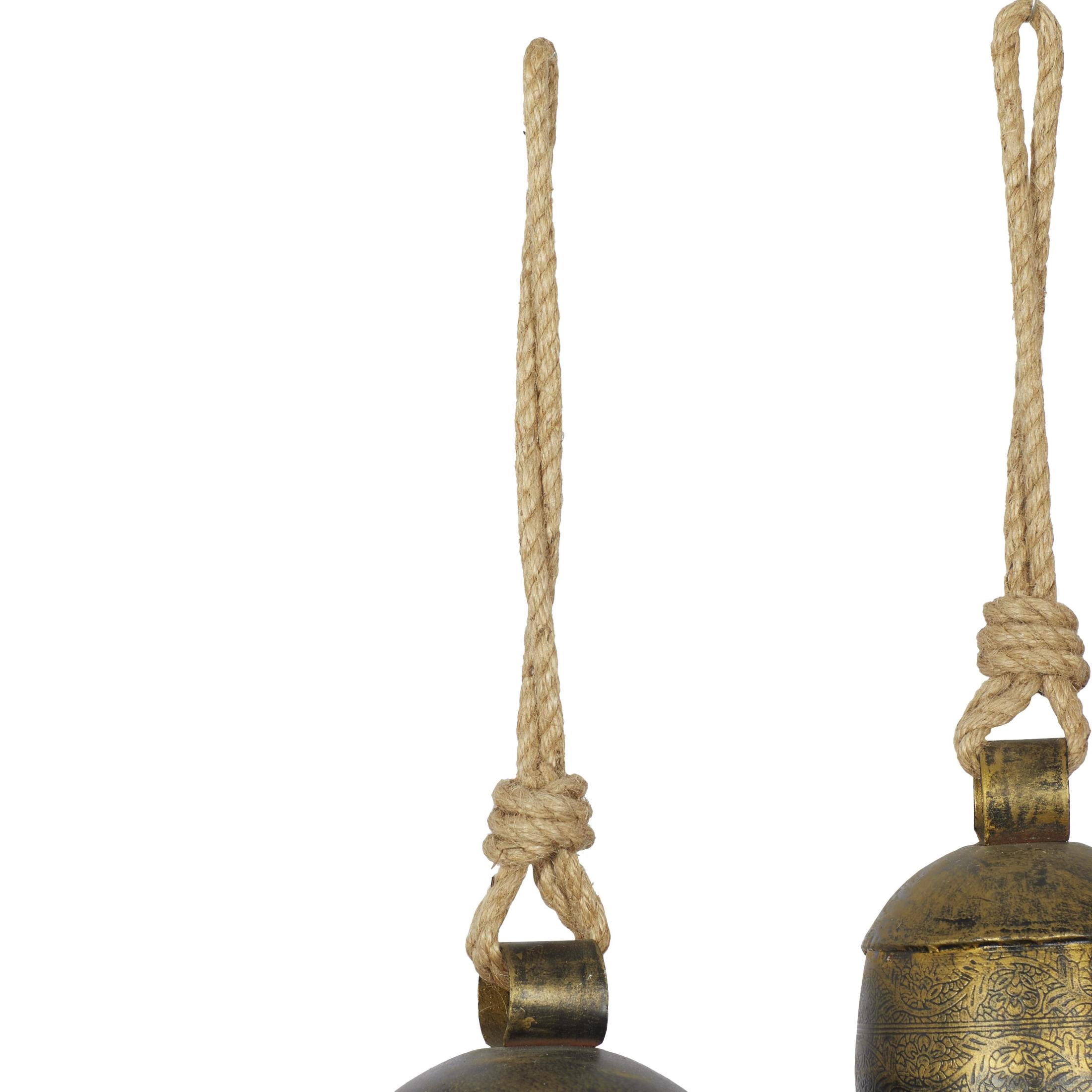 DecMode Bronze Metal Tibetan Inspired Decorative Hanging Bell Chime Set of 3 5", 4", 3"H, Features a Round Shape with Solid Pattern and Metal Clappers