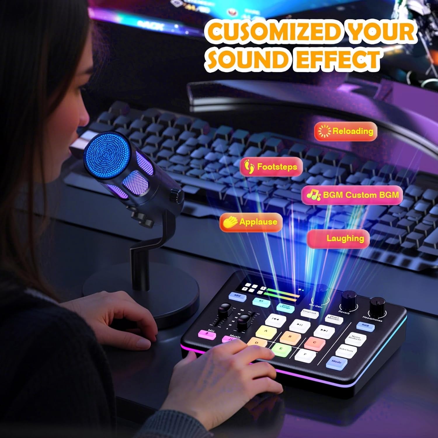 Audio Mixer, Live Sound Card, Voice Changer Kit with RGB Audio Interface,Pro-preamp, Bluetooth Streaming PC Mixer with XLR/48V Phantom Power for Live Streaming,Podcasting,Content Create,Gaming(Black)