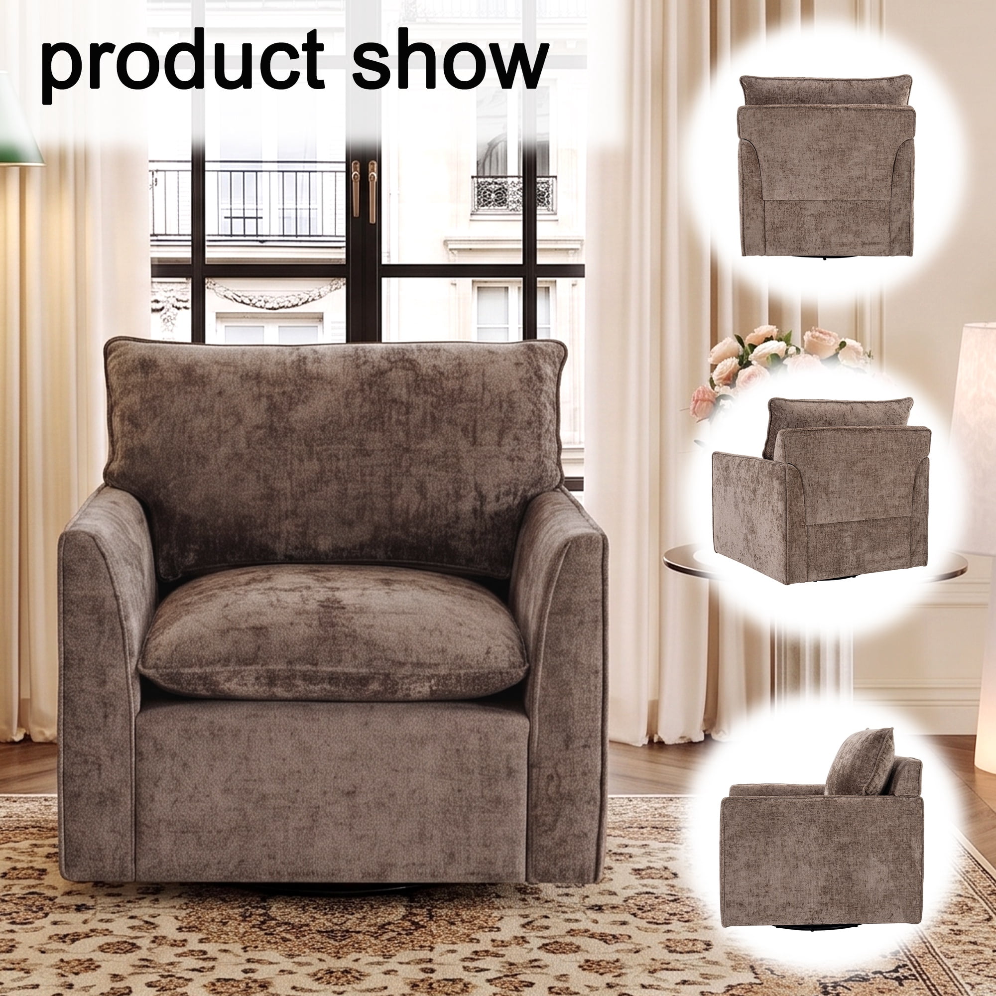 PORKISS 360° Swivel Accent Chair, Chenille Upholstered Bedroom Chair with Thick Cushion & Metal Base, Modern Reading Armchair for Living Room/Bedroom, Brown