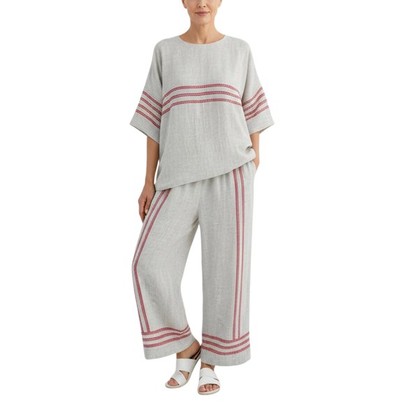 Atogsazn Womens Plus Size Linen Set Baggy Casual Striped 3/4 Sleeve Tops & Wide Leg Pants Outfit Lightweight Sets Red M Fashion