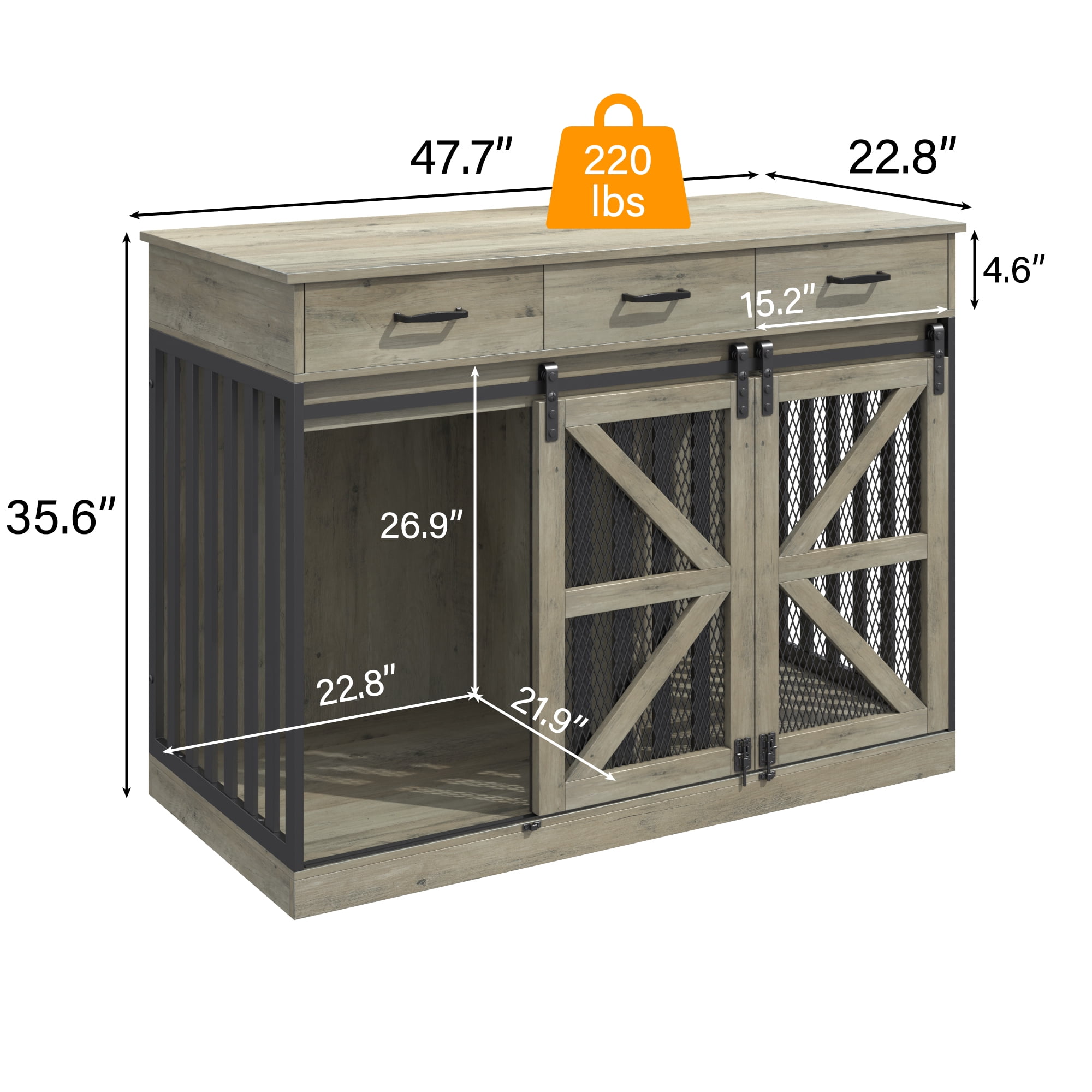 Casendy Dog Crate Furniture with Adjustable Divider for 2 Dogs, Heavy Duty Dog Kennels with 3 Drawers and Sliding Doors, Media Console Dog Cage for Living Room, Gray