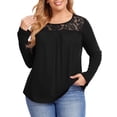 thumbnail image 2 of Women Plus Size Lace Pleated Shirt Round Neck Short Sleeve Loose Blouse Summer Casual Tunic Top Long Sleeve Black XL, 2 of 9