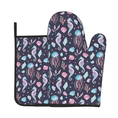 

Xecao Watercolor Marine Animals Pattern Oven Mitts and Pot Holders Sets Heat Resistant Silicone Oven Mittens Extra Thicken Long Kitchen Cotton Oven Glove for Cooking