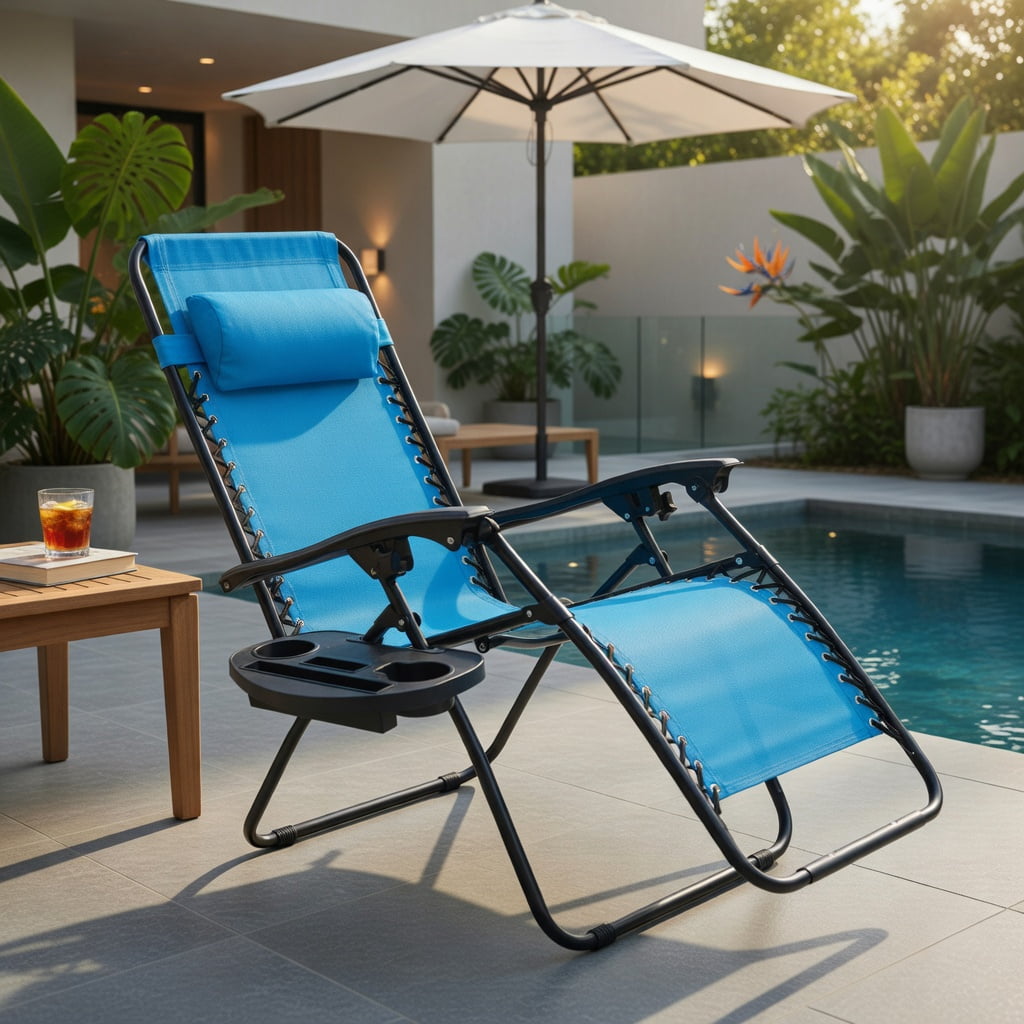Hommoo 2-Pack Zero Gravity Folding Lounge Chairs with Adjustable Headrest & Removable Tray, Indoor/Outdoor Recliners for Back Support, Light Blue