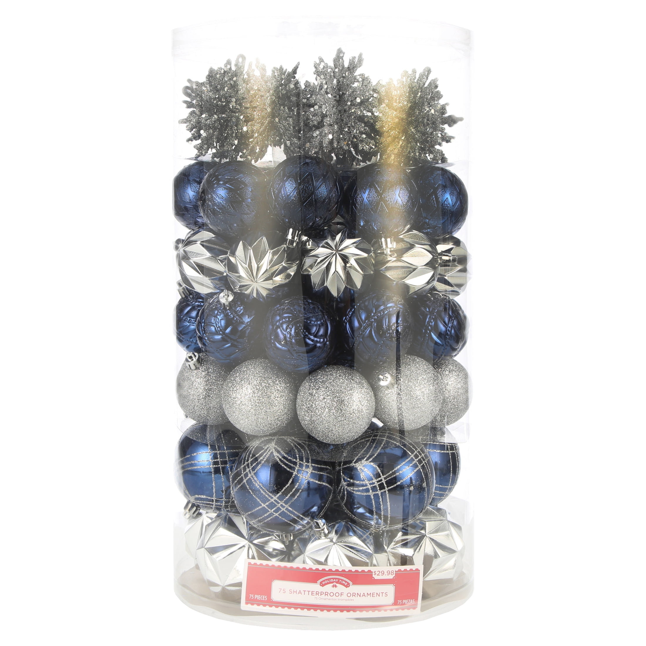 Holiday Time Shatterproof Christmas Tree Ornaments, 75 Count, Multiple
