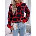 thumbnail image 5 of Womens Mock Neck Sweater Long Sleeve Block Cute Heart Knit Fall Winter Tops Ribbed Knit Pullover Sweaters, 5 of 8