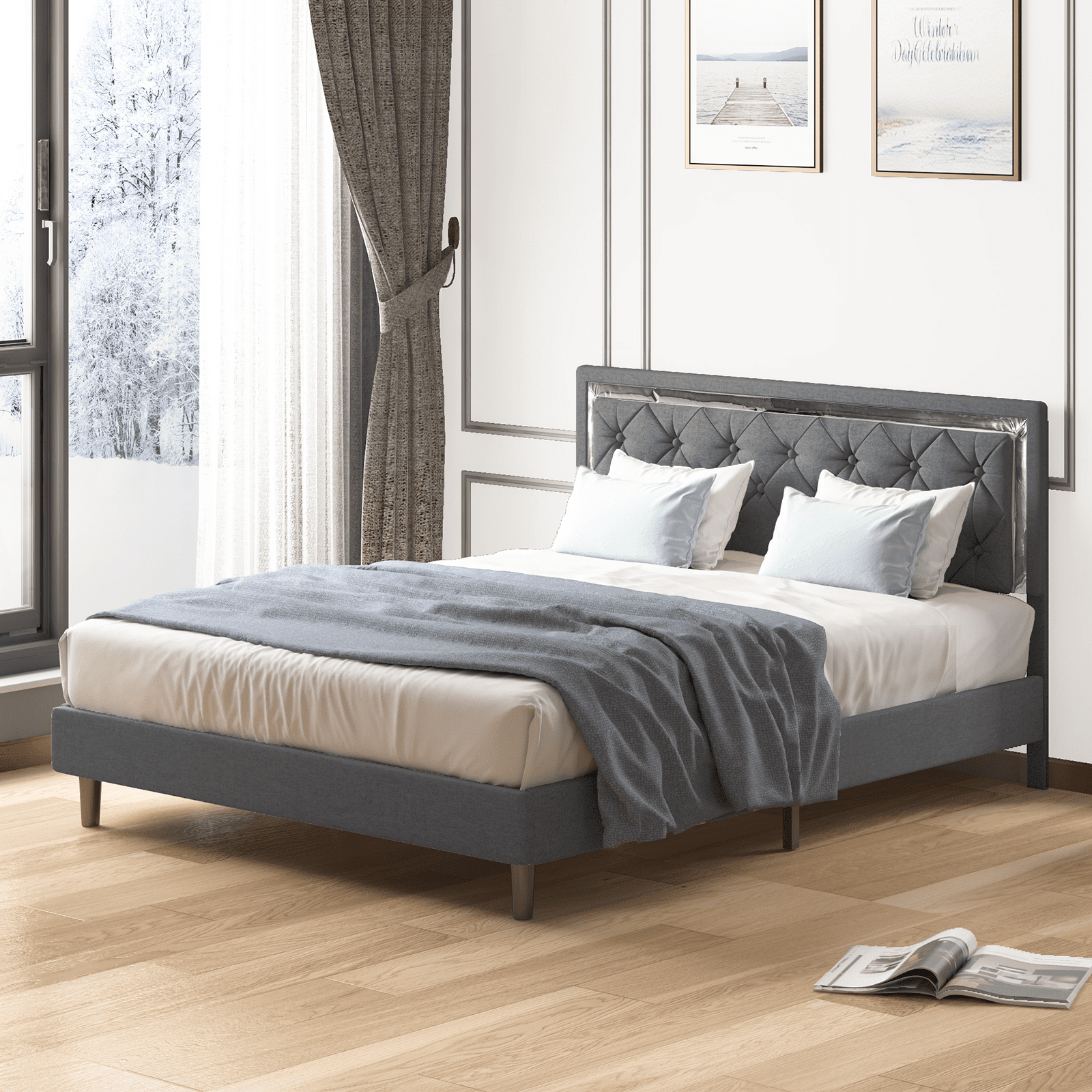 MUZZ Full Size Bed Frames with Headboard, Upholstered Bed Frame with