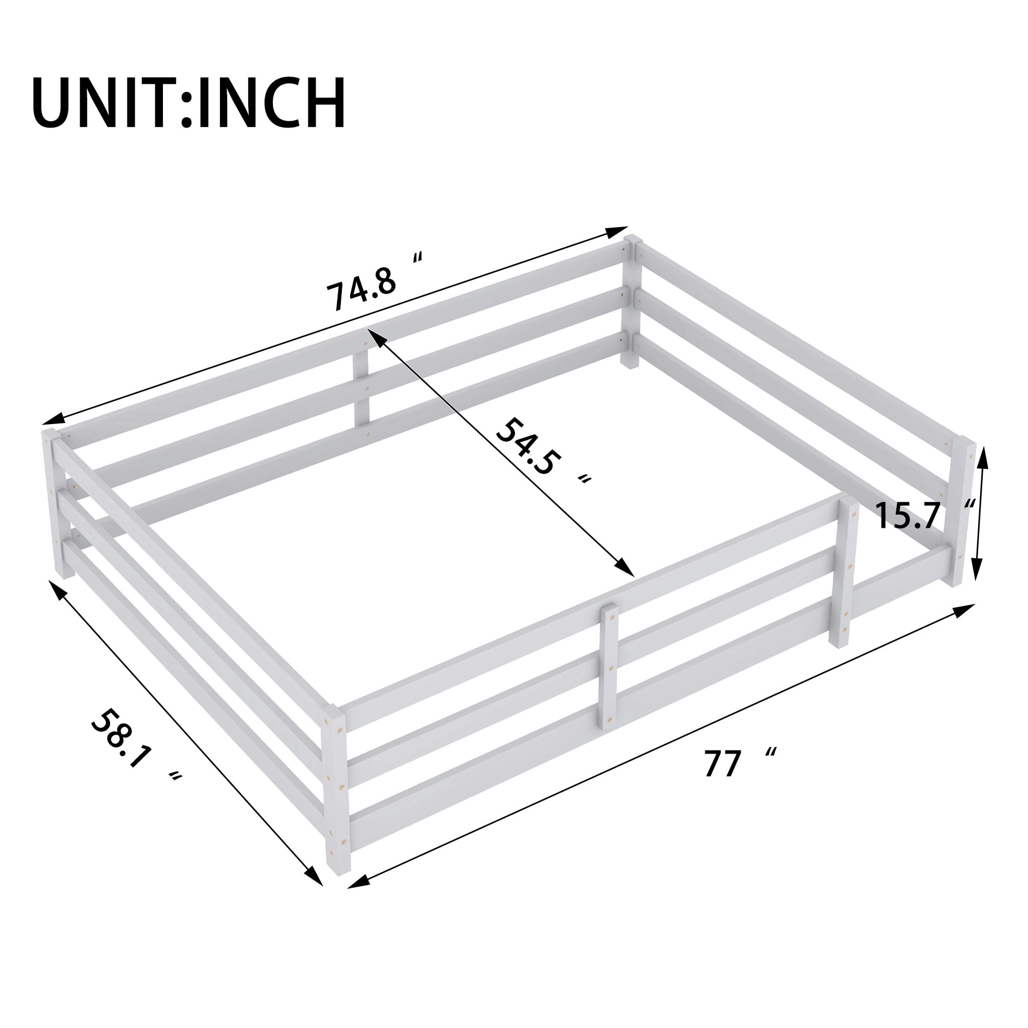 Holaki Full Size Bed Frame with Rails,Wood Montessori Floor Bed Twin Size,Floor Bed with Fence,Montessori Floor Bed for Girls and Boys,77"x58.1"x15.7",Gray