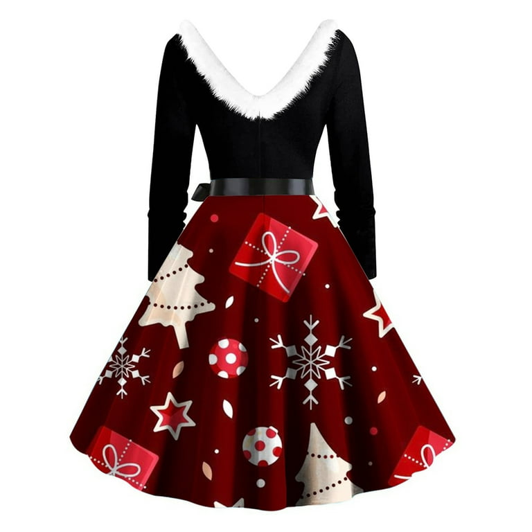 Odeerbi Christmas Dresses For Women Swing Dress 2025 Long Sleeve Christmas  Printed Patchwork Furry V-Neck Draw Back Retro Dress Burgundy - Walmart.com