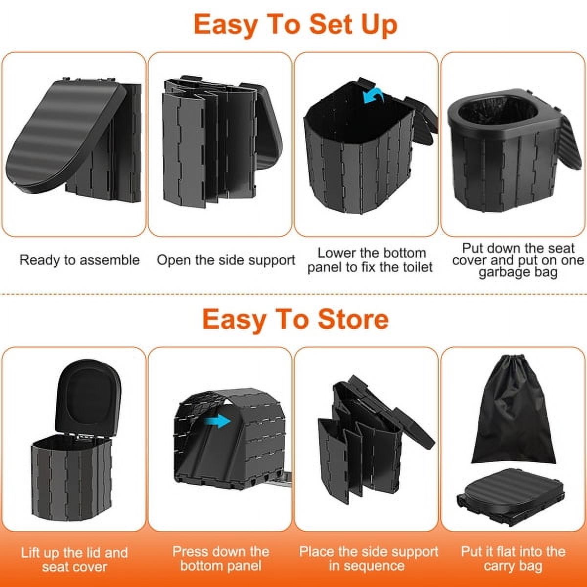 Portable Camping Toilet for Adults - Foldable Black ABS Toilet with Lid, Carry Bag & 1 Roll Garbage Bags, 330lbs Capacity