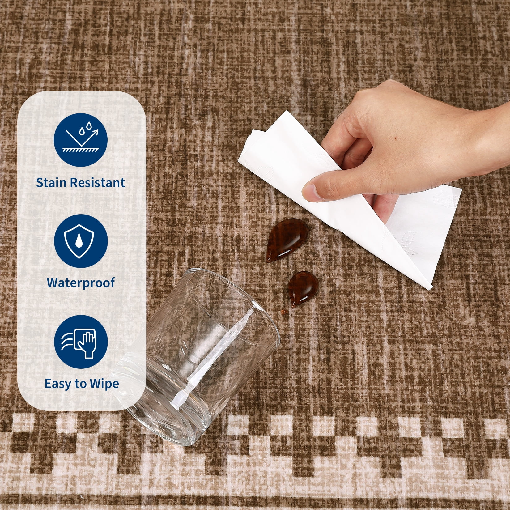 COZONY 5'x7' Modern Bordered Area Rug, Non-Slip Washable Low Pile Soft Carpet for Bedroom & Living Room, Brown
