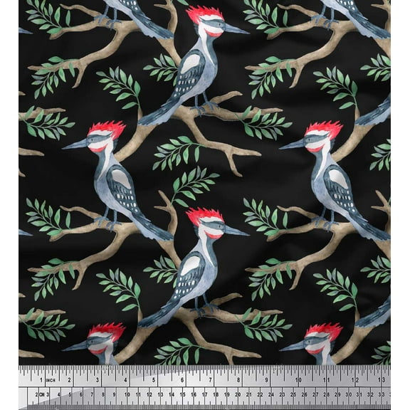 Soimoi Black Cotton Duck Fabric Leaves & Woodpecker Bird Printed Fabric 1 Yard 44 Inch Wide